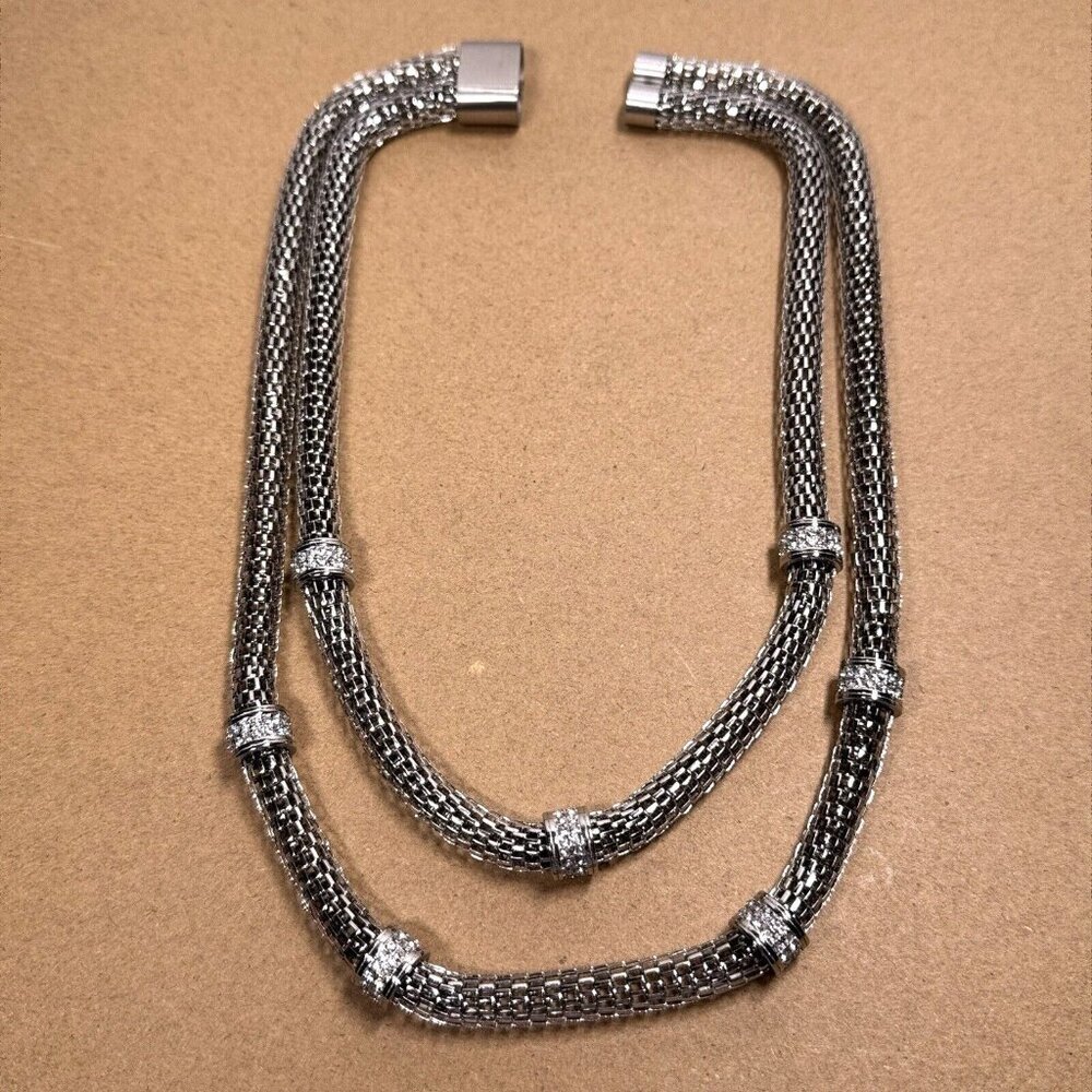 Necklace Popcorn Mesh Link 2 Layer Stainless Steel Silver Tone Station Emma Skye - Picture 4 of 4